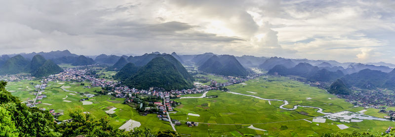 High angle view of agricultural field against sky