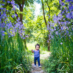 Cute girl walking by flowering plants