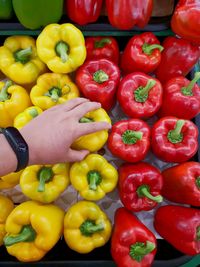 Cropped hand of person buying bell peppers in market