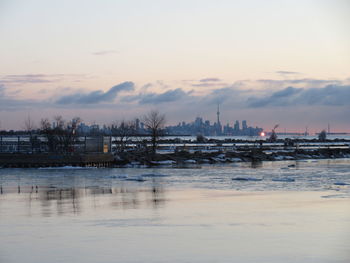 View of marina at sunset