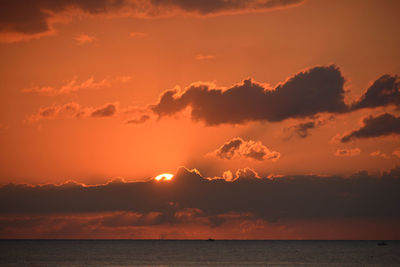 Scenic view of sea against dramatic sky during sunset