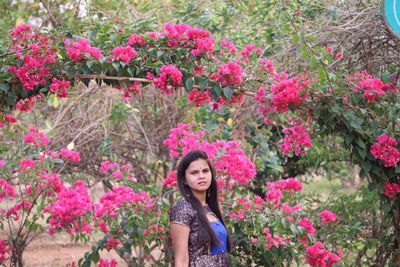 Portrait of woman standing against pink flowering plants