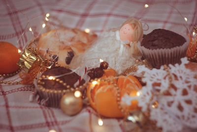 Close-up of christmas decorations on table