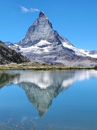 Mountain  reflection on clear water against clear blue sky