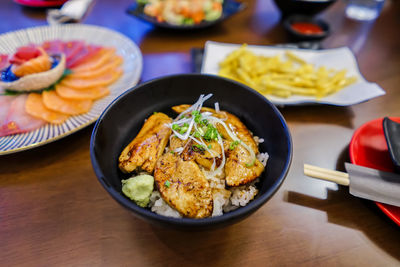 High angle view of meal served on table