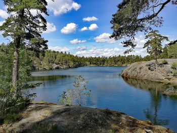 Scenic view of lake against cloudy sky