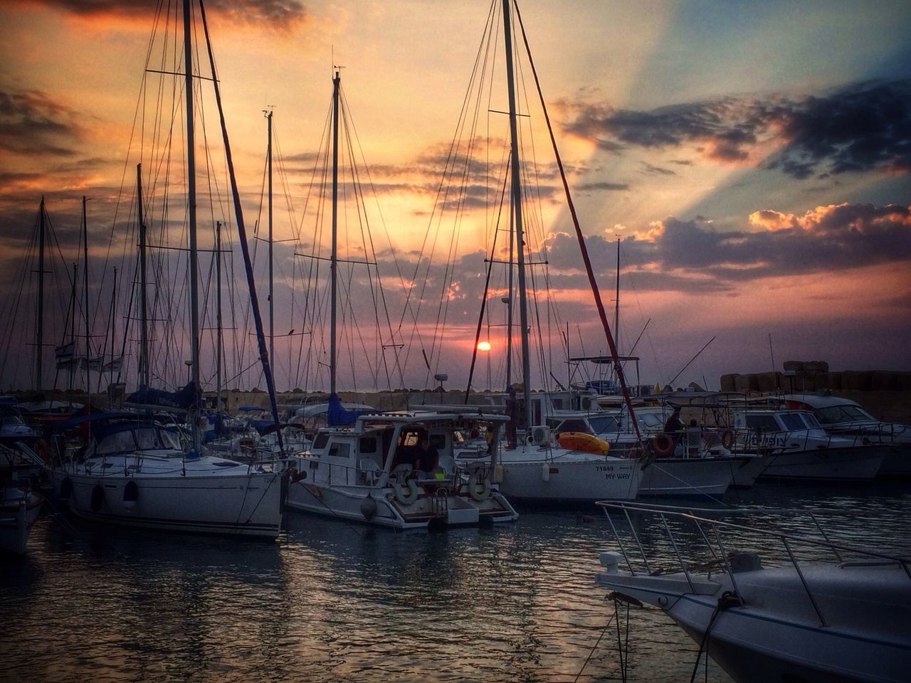 nautical vessel, boat, transportation, moored, mode of transport, water, sunset, mast, sailboat, sky, sea, cloud - sky, harbor, waterfront, reflection, orange color, marina, cloud, nature, tranquility