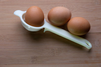 High angle view of eggs on table