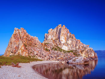 Low angle view of rocky mountains against clear blue sky