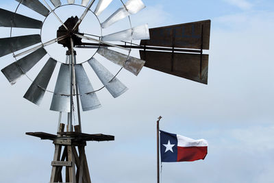 Low angle view of traditional windmill against sky