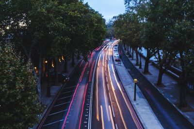 High angle view of light trails on road in city