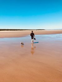 Man and dog walking on beach