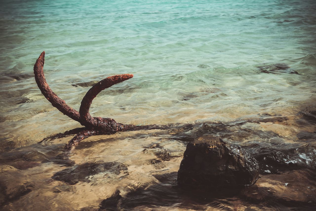 water, sea, beach, high angle view, shore, nature, wave, tranquility, rippled, rock - object, day, outdoors, surf, beauty in nature, no people, sand, tranquil scene, sunlight, scenics, wood - material