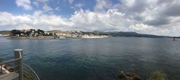 Panoramic view of calm sea against cloudy sky