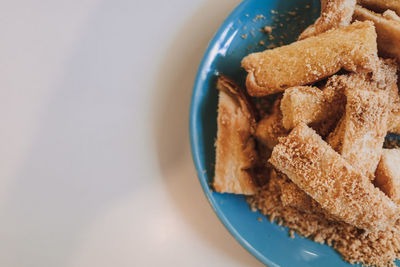 High angle view of breakfast served on table