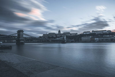 Bridge over river with city in background