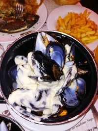 High angle view of food in plate on table