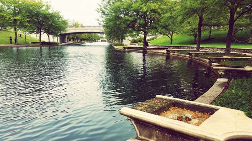 Bridge over lake against trees