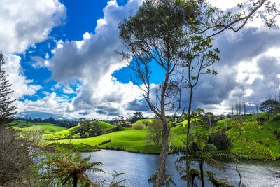 Scenic view of river against cloudy sky