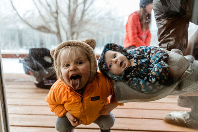 Portrait of mother and daughter in winter