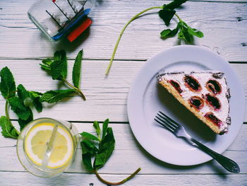 High angle view of pizza in plate on table