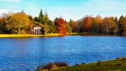 Scenic view of lake against sky during autumn