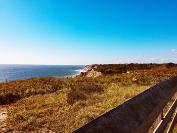 Scenic view of sea against clear blue sky