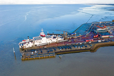 Aerial from the ferry from ameland arriving at holwerd in the netherlands