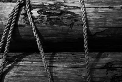 Close-up of rope tied on wooden post