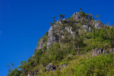 Low angle view of rock formations against clear blue sky