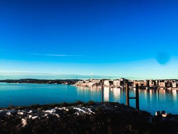 Scenic view of sea against blue sky