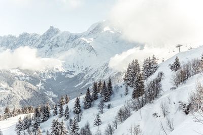 Scenic view of snow covered mountains against sky