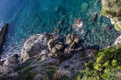 High angle view of rocks in sea