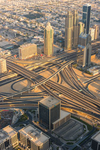 High angle view of modern buildings in city