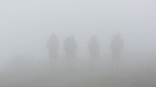 Silhouette people walking on landscape against sky during foggy weather