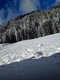 Snow covered landscape against sky