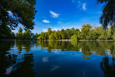 Scenic view of lake by trees against blue sky