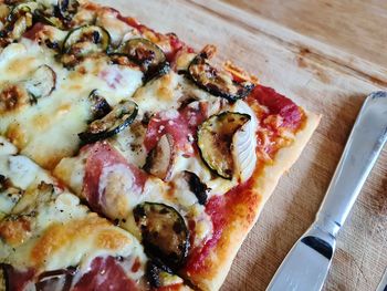 High angle view of pizza on table