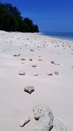 Surface level of beach against clear sky