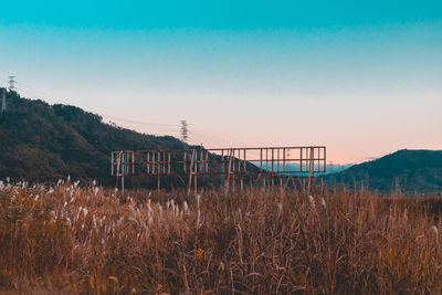 Scenic view of field against clear sky during sunset