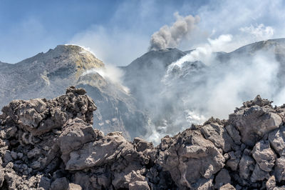 Panoramic view of volcanic mountain against sky