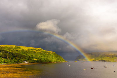 Scenic view of rainbow over sea against sky