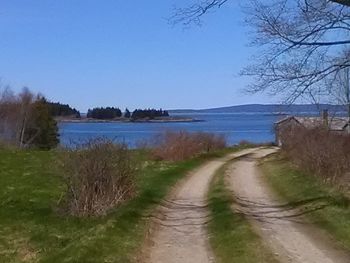 Scenic view of lake amidst field against clear blue sky