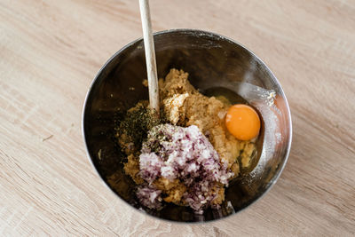 High angle view of breakfast on table