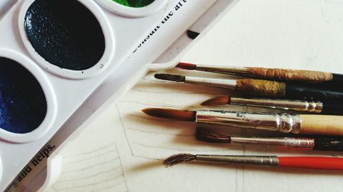 High angle view of multi colored pencils on table