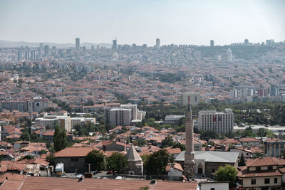 High angle shot of townscape against sky