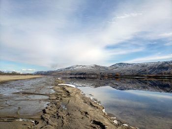 Scenic view of lake against sky during winter