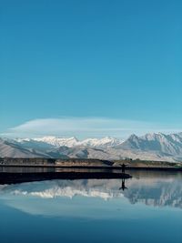 Scenic view of lake and snowcapped mountains against blue sky