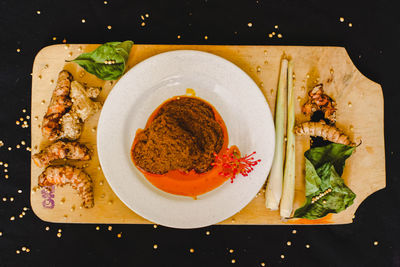 High angle view of food served in plate