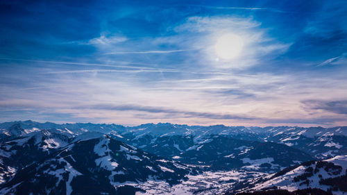 Beautiful alpine panoramic view snow capped mountains, european beautiful winter mountains in alps, 